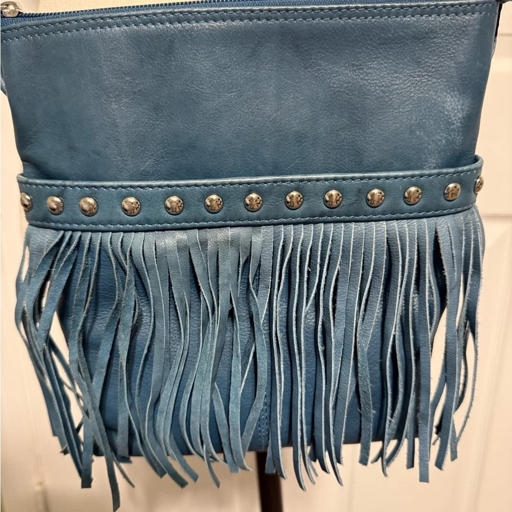 Turquoise Blue Fringe Crossbody Bag Genuine Leather